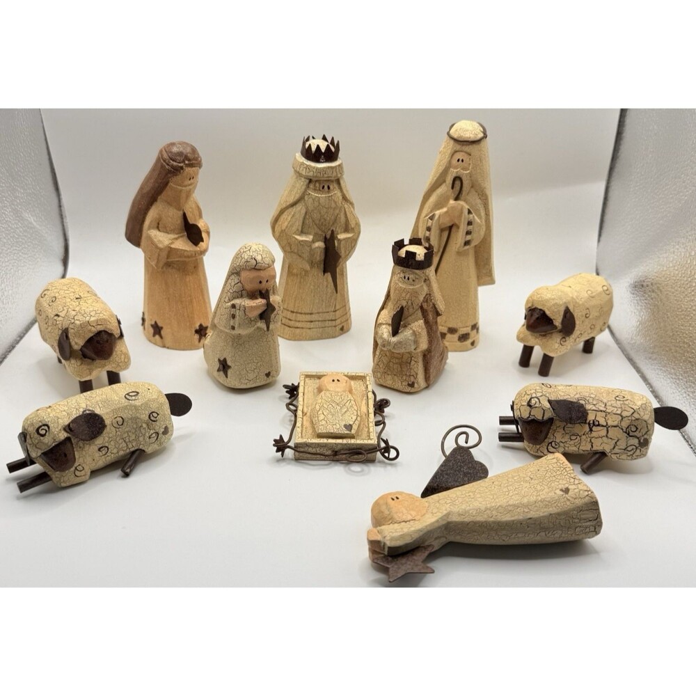 Sarah's Attic 11 Piece Rustic Nativity Set Angel Sheep Ivory Metal Rare